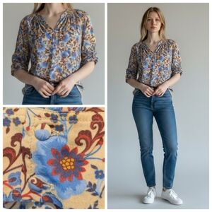 Claudie Pierlot Paris Silk Blend Liberty Red Blue Floral V-Neck Blouse Women's S